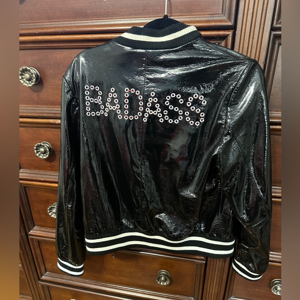 Size Large Demia embroidered bomber jacket in patent leather.
